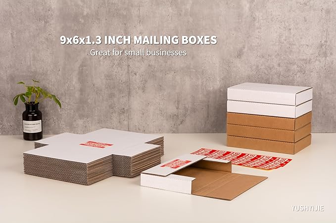 50 Pack 9x6x1.3 inch Small Shipping Boxes, Multi-Depth Flat Cardboard Boxes with Fragile Stickers for DVD Shipping, Packing, Moving, Storage, White