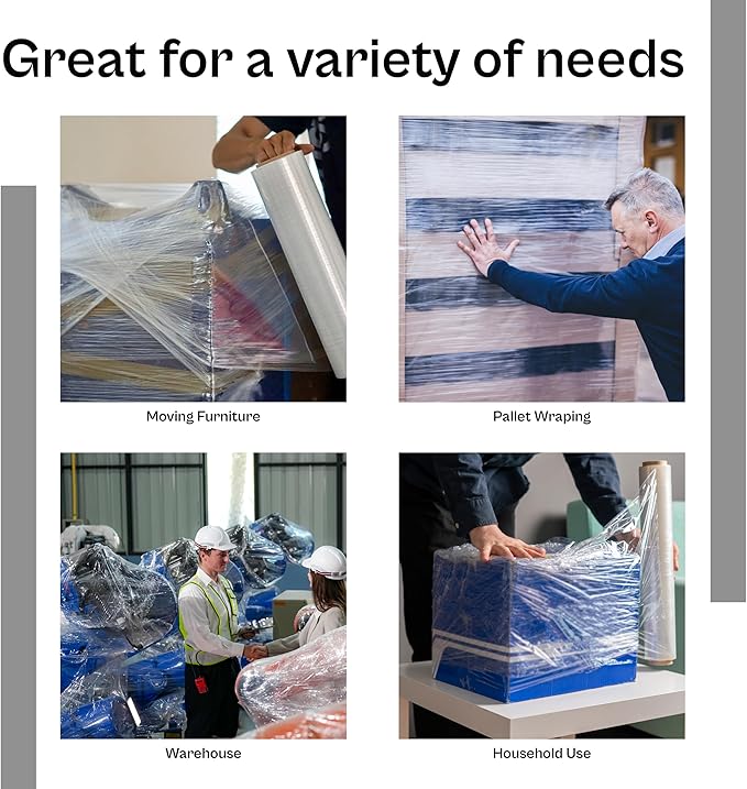 PSBM 8 Rolls 12 Inch x 2000 Feet 60 Gauge Stretch Film/Wrap, Heavy Duty Industrial Strength Up to 800% Ultimate Stretch, Clear Shrink Plastic Wrap for Moving, Packing, Shipping & Storage