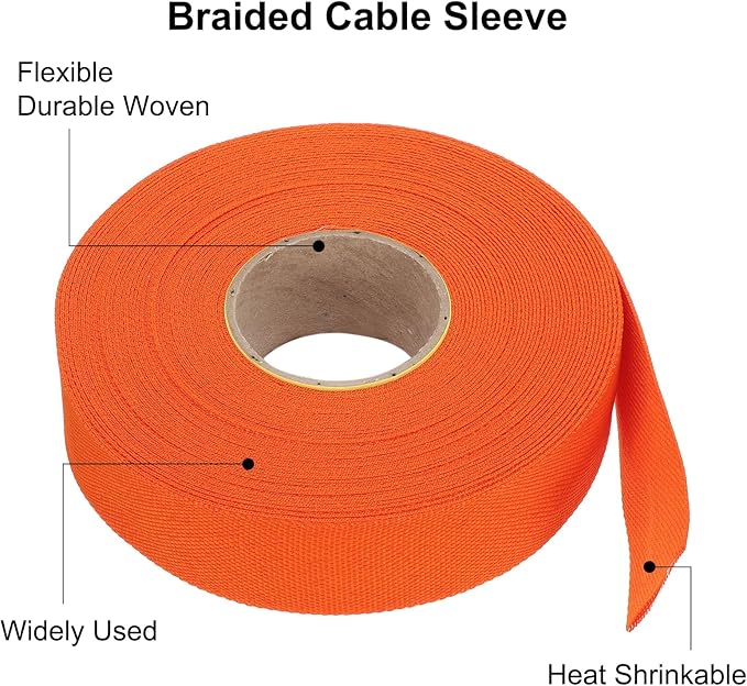 MECCANIXITY Braided Cable Sleeves Heat Shrinkable Fabric Sleeving, 1" 60ft Orange 2:1 Ratio Heat Shrinkable Cord Protector for Harness Cable, Network Cable Protection, Cable Management