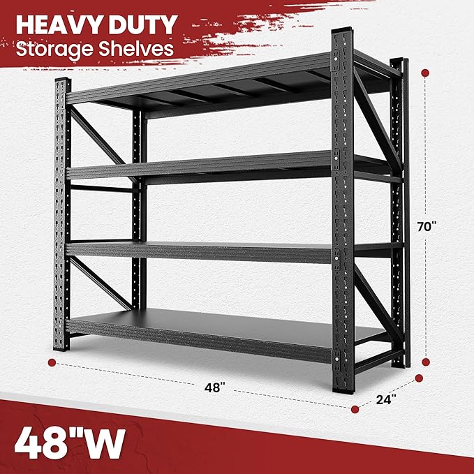 48" Wide Storage Shelves, 2000LBS Garage Shelving Heavy Duty, Standing Shelf Units, 4 Tier Metal Adjustable Storage Shelving Rack for Shop Warehouse Basement, 48'' W x 24''D x 70'' H