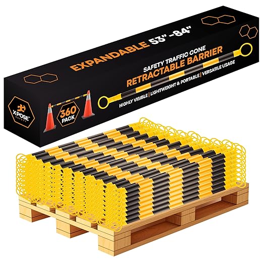 Retractable Barrier for Safety Traffic Cones - 53" to 84" - 2" OD - Large Yellow & Black Bar Barricade Bulk Half Pallet 360 Pack for Road Construction, Parking,Warning,Security Divider by Xpose Safety