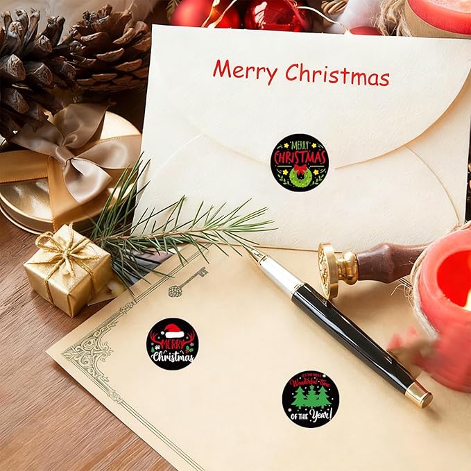 SHYGO® 1“ Christmas Labels Stickers, Round Merry Christmas Seals Xmas Decorative Stickers with Elk and Bells Elements for Envelope Gift Bag Box, 1000 Pcs 2 Rolls