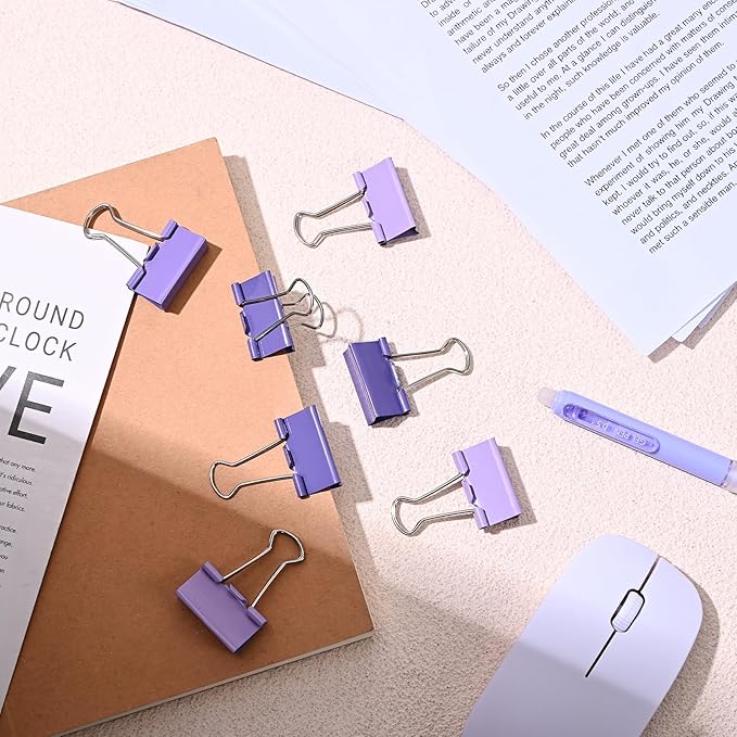 Temiary Aesthetic Binder Clips, 40 Pcs 0.75 Inches Small Metal Binder Clip with Clear Storage Container, Binding Paperwork Clamps for School Teachers Office Supplies (Purple)