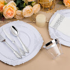 350PCS Silver Plastic Plates for 50 Guests, Disposable Dinnerware Set Includes 100 Disposable Plates, 150 Silver Silverware, 50 Cups, 50 Napkins for Party & Wedding