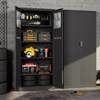 Big Metal Garage Storage Cabinet with Locking Doors, Lockable Heavy Duty Metal Tool Cabinet with Pegboard, Black