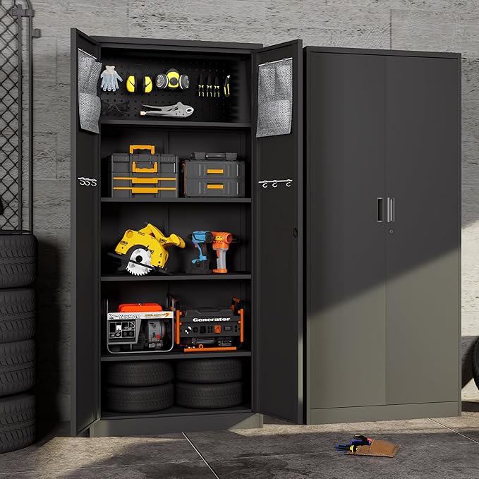 Big Metal Garage Storage Cabinet with Locking Doors, Lockable Heavy Duty Metal Tool Cabinet with Pegboard, Black