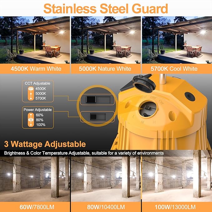 Construction Lights with 100W/80W/60W Adjustable, Linkable LED Temporary Work Light 5700K/5000K/4500K, AC100-277V, 13000LM Outdoor Jobsite Lighting Portable Hanging Work Light