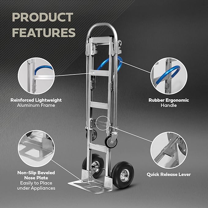 Olympia Tools 2-in-1 Aluminum Convertible Hand Truck - Industrial Heavy Duty Appliance Dolly 4-Wheel Platform Cart - Up to 770 LBS Loading Capacity Mobility Moving Dolly - 2 Positions, 62" Height