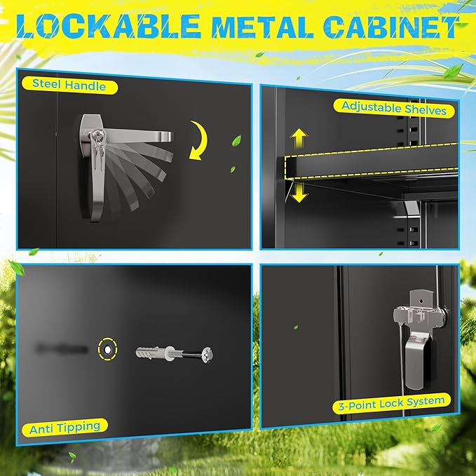 Pataku 71'' Metal Storage Cabinet, Garage Storage Cabinet with 2 Doors and 4 Adjustable Shelves, Steel Lockable Storage Cabinet, Black File Cabinets for Home, Office, Warehouse