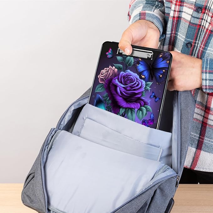 Plastic Storage Clipboard with Low Profile Clip, Heavy Duty Foldable, Coaches Clipboard Case for Work, Teacher, Office, School Supplies, Blue Pink Roses Butterfly