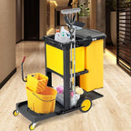 TUFFIOM Janitorial Cart with Key-Locking Cabinet, 3-Shelf Commercial Cleaning Cart, Housekeeping Caddy with Locker,Wheeled with Yellow Vinyl Bag, Black, Great for Hotel, Stores, Schools, and Business