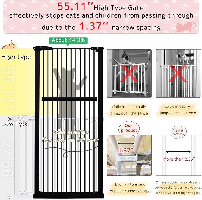 Lumizone Extra Tall Pet Gate 55.12" High Pressure Mounted 55.12"-59.24" Extra Wide (9 Sizes) 1.37" Gap for Cat Dog Stairs Doorway Hallway No Drilling Auto-Close (55.12"-59.24" W, Black)