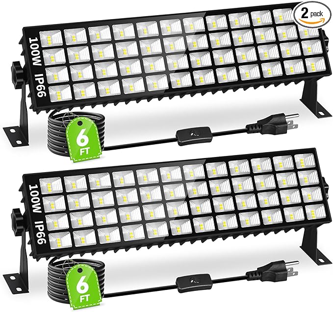 2 Pack LED Shop Lights, 100W 11000LM Plug in Garage Light with 6FT Power Cord, IP66 Waterproof Work Bench Shop Lights for Garage, Workshop, Warehouse, Outdoor, Yard, Garden