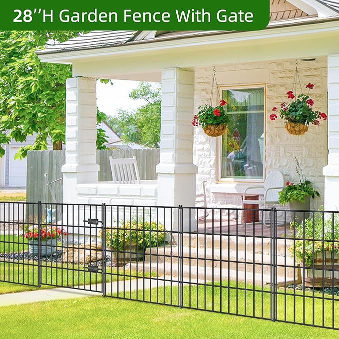 Metal Garden Fence 28in (H) x 35ft (L), 1 Gate + 14 Panels Dog Fences Border Fence Animal Barrier, No Dig Garden Fencing for Yard Flower Bed Lawn Patio Outdoor, PIN282815G Black