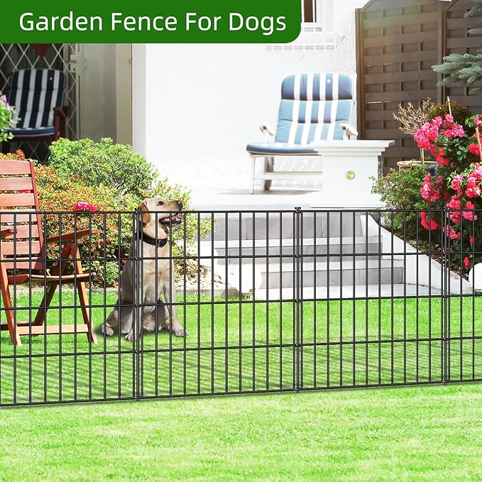 Metal Garden Fence 28in (H) x 18.7ft (L), 8 Panels + 9 Stakes Dog Fence Border Fence Animal Barrier, No Dig Garden Fencing for Yard Flower Bed Lawn Patio Outdoor, PIN282808 Black