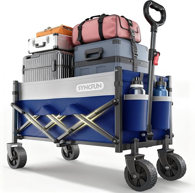 SYNCFUN Collapsible Wagon Cart with Wheels 300lbs Blue, Portable Sports Utility Rolling Wagon for Beach, Garden, Camping & Grocery, Fishing