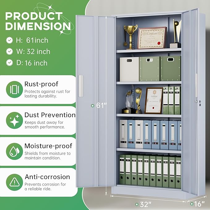 INTERGREAT Metal Storage Cabinet with Lock, 61" H Metal Cabinets Storage with 2 Doors and 4 Adjustable Shelves, Locking Garage Cabinet for Home Office, Kitchen, Bathroom (Cement Grey)