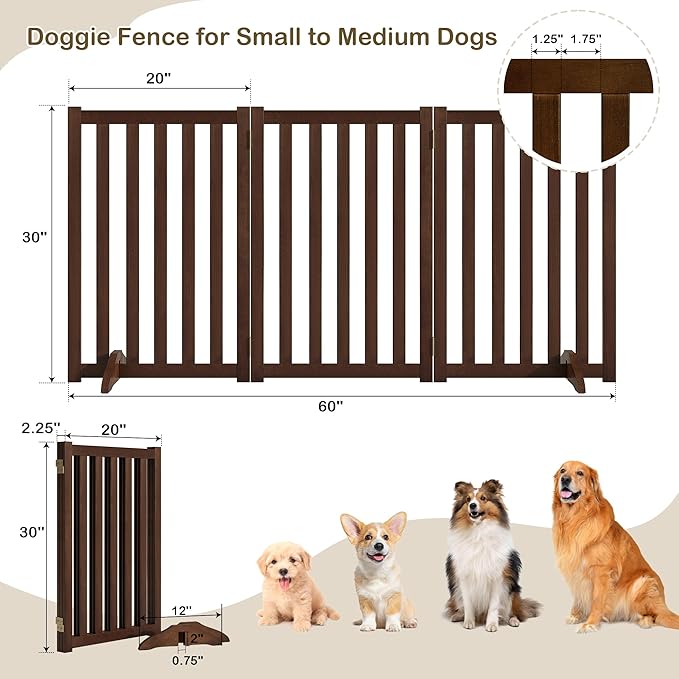 30" Height Tall Freestanding Pet Gate, Solid Wood Folding Safety Fence Wooden Dog Gate with 2 PCs Support Feet Ideal for Stairs, Doorways, Halls, Kitchens, Heavy Duty Gates, 3 Panels, Walnut