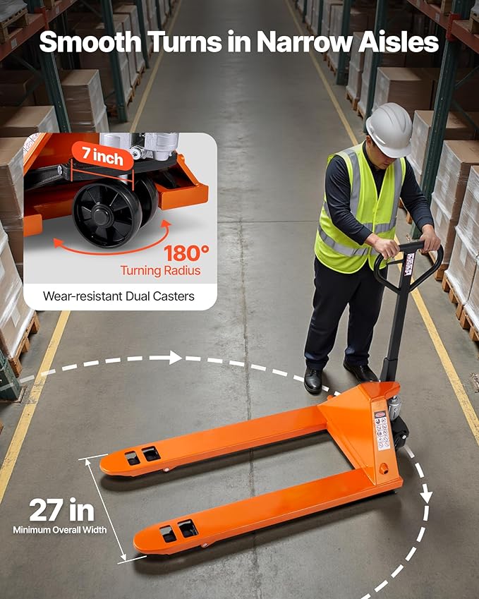 VEVOR Pallet Jack, 6600 lbs Load Capacity, Manual Pallet Truck with 48L x 27W Inch Forks for Material Handling, 3.35-7.1 Inch Fork Lift Height Range, Suitable for Warehouse, Supermarket, Manufacturing