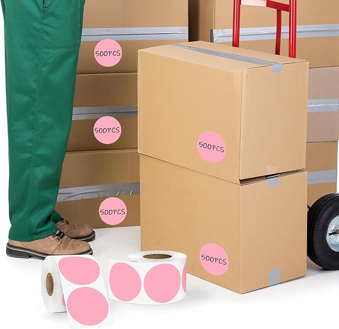 2 Inch Pink Circle Stickers, Permanent Sticky Dots, 500 Pcs Roll, Colored Dot Stickers for Toddlers, Drafting Dots, File Classification Stationery Labels
