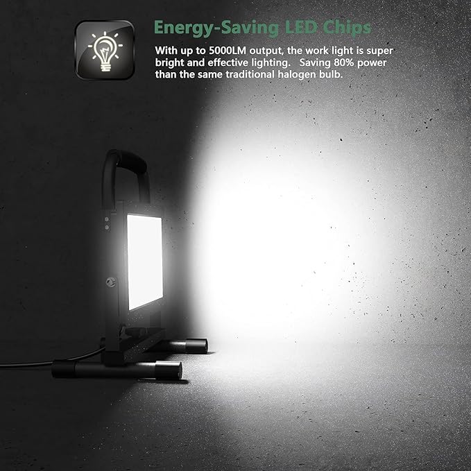 GLORIOUS-LITE 50W LED Work Light, 5000LM LED Flood Lights, 400W Equivalent, IP66 Waterproof, 16ft 5m Cord with Plug, 6500K, Adjustable Working Lights for Workshop Garage, Construction Site