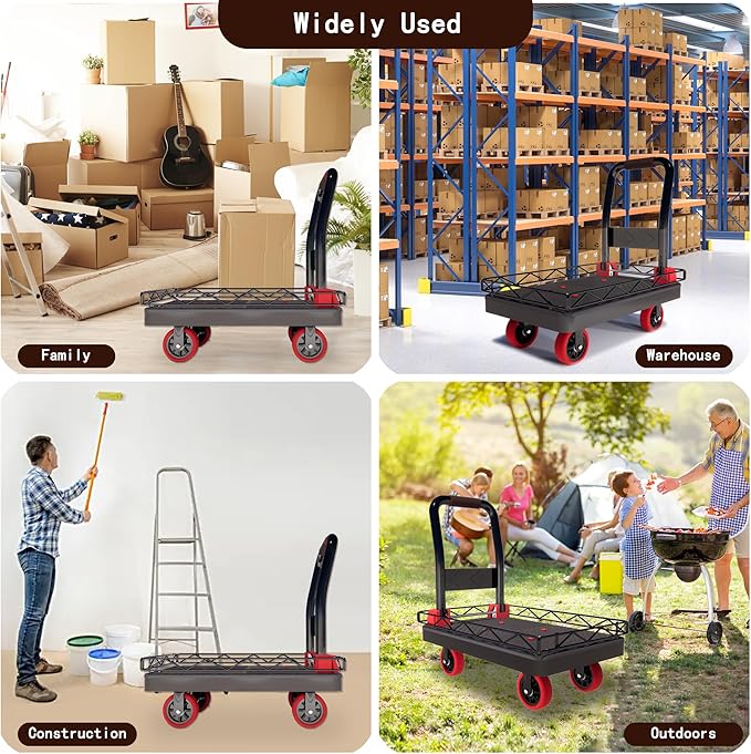 2IN1 Heavy Duty Platform Trucks Flatbed Carts, Push Cart Dolly 1760lbs Capacity Hand Trucks w/Detachable Solid Steel Wire Fence, 36×24 Collapsible Cage Cart Dolly, 5-Inch Silent TPR Wheels