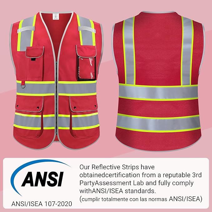 Reflective Safety Vest for Men Women, High Visibility Safety Vest with 8 Pockets Zipper Front, Meets ANSI Standards