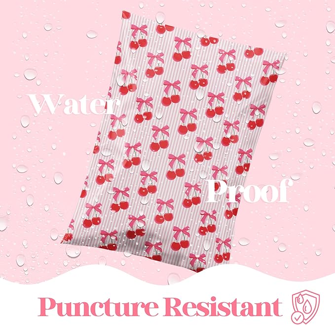 14.5x19 Designer Poly Mailer 100 Pack Heavy Duty Waterproof Self Seal Shipping Bags, Small Business Large Mailing Envelopes Bulk Tear Resistant Packaging Pink Stripe Cherry Fruit
