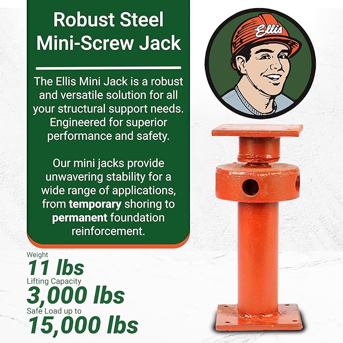 Ellis Manufacturing Adjustable Mini Screw Jack Post – House Jack for Foundation, Floor Leveling, and Concrete Bracing – 15,000 lb Max Load Capacity – 5.5" Adjustment