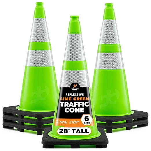 28” Lime Green Traffic Cone - Dual 6" & 4" Reflective Collar – 6 Pack - Multipurpose Premium PVC Safety Cone for Parking, Caution, Construction, Road Crews, Emergency Vehicle - Xpose Safety