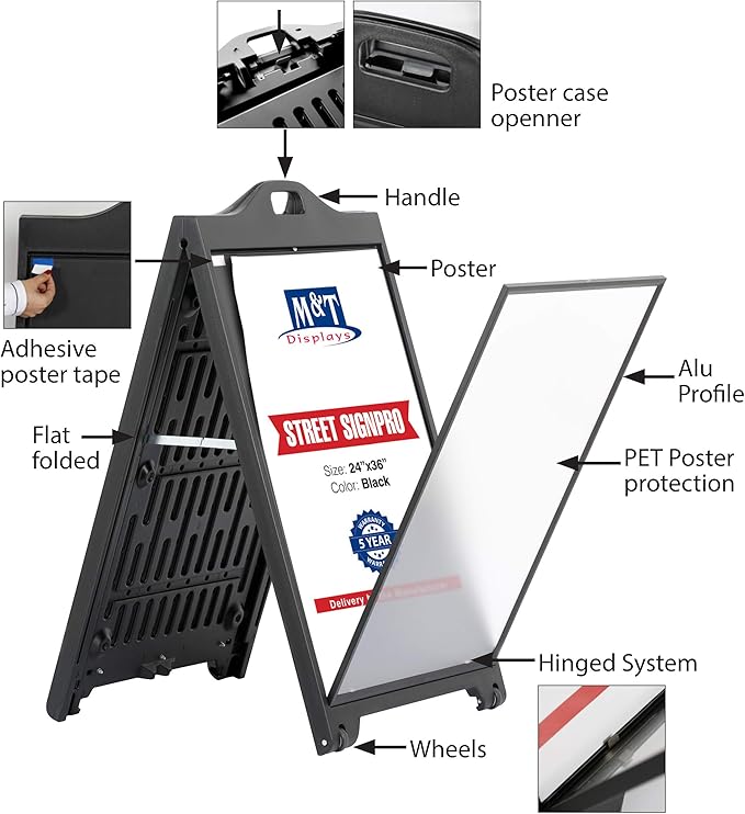 M&T Displays Sign & Brochure Stand Bundle – 24x36" Street SignPro A-Frame with Lens + 8.5x11" Freestanding Literature Holder – For Restaurants, Lobbies, Retail, or Trade Shows