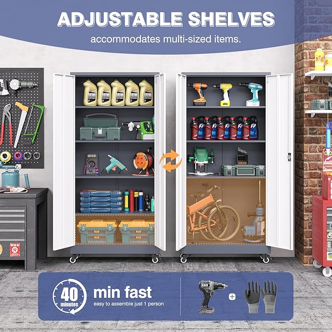 Metal Storage Cabinet with Wheels, Tall Garage Storage Cabinet with 4 Adjustable Shelves and 2 Doors, Lockable Tool Cabinet for Garage Home Office,Gym,School (White-Gray)