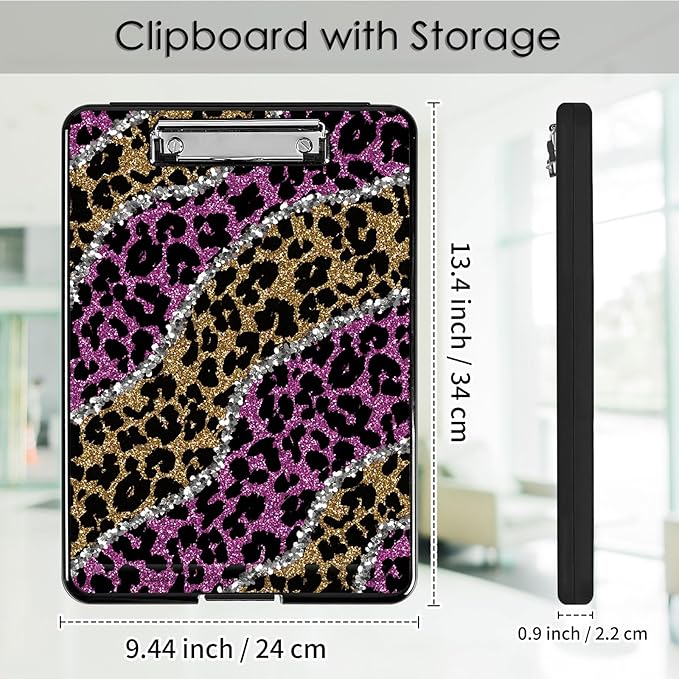 Clipboard with Storage,Office Supplies Nursing Clipboards Folder with Pen Holder Plastic Foldable Clip Board with Storage for Nurse Teacher,Pink Golden Leopard