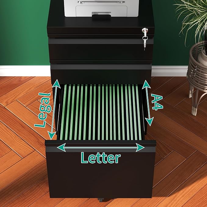 3-Drawer Mobile File Cabinet With Lock & Wheels,Fully Assembled Heavy Duty Under Desk File Cabinets For Home Office,100lbs Capacity Per Drawer,Steel Rolling Cabinet for Legal/Letter Files(Black)
