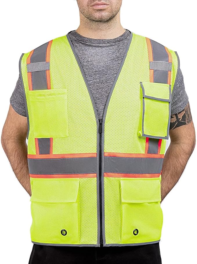 High Visibility Mesh Safety Vest with Dual Tone Reflective Strips, 8 Pocket and Zipper ANSI/ISEA Standards, Safety Vest For Men & Women (Yellow, L)