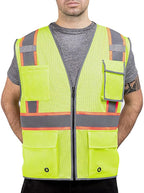 High Visibility Mesh Safety Vest with Dual Tone Reflective Strips, 8 Pocket and Zipper ANSI/ISEA Standards, Safety Vest For Men & Women (Yellow, L)