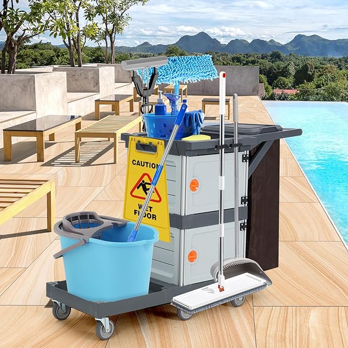 Commercial 3-Shelf Janitorial Cart with 2 Cabinets/Shelves, Commercial Traditional Wheeled Cleaning Cart with Cover and Oxford Bag, 300 Lb Capacity, Suitable for Schools, Hotels, Apartments