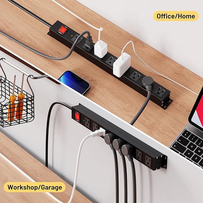 KF 8 Outlet Heavy Duty Power Strip Surge Protector, 2100J Surge Protection Black Power Strip, 15A/1875W Mountable Power Strips, 14AWG 6FT Extension Cord, Black(8FT-2100J)