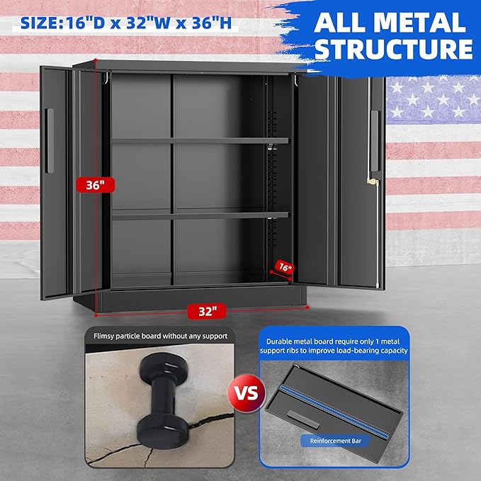 Pataku Metal Storage Cabinet, Garage Cabinet with Doors and Shelves 36" Hx32 Wx16 D, Steel Lockable File Cabinets for Office, Home, Garage, Basement, Industrial, Black