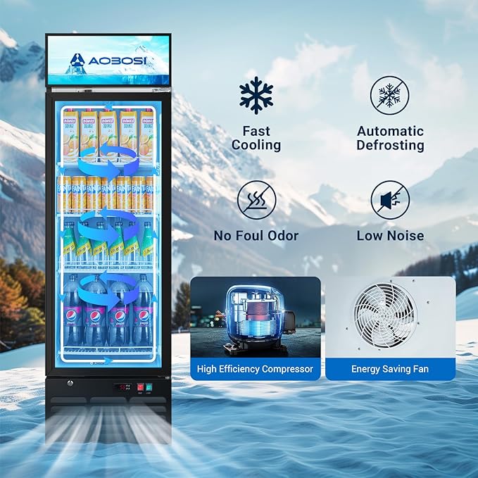 AAOBOSI Commercial Merchandiser Refrigerator,12.29 Cu.Ft Glass Door Display Refrigerator,Upright Beverage Cooler Fridge with Soft LED Light, Customizable Lightbox,Universal Casters, Adjustable Shelves