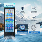 AAOBOSI Commercial Merchandiser Refrigerator,12.29 Cu.Ft Glass Door Display Refrigerator,Upright Beverage Cooler Fridge with Soft LED Light, Customizable Lightbox,Universal Casters, Adjustable Shelves