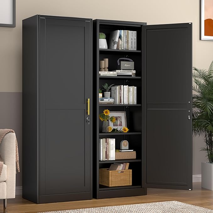 Metal Locker Cabinet, 19.7’’W Narrow Lockable Single File Storage Cabinet, Bathroom Cabinet with Lock and Adjustable Shelves for Living Room, Home Office, Kitchen, Black