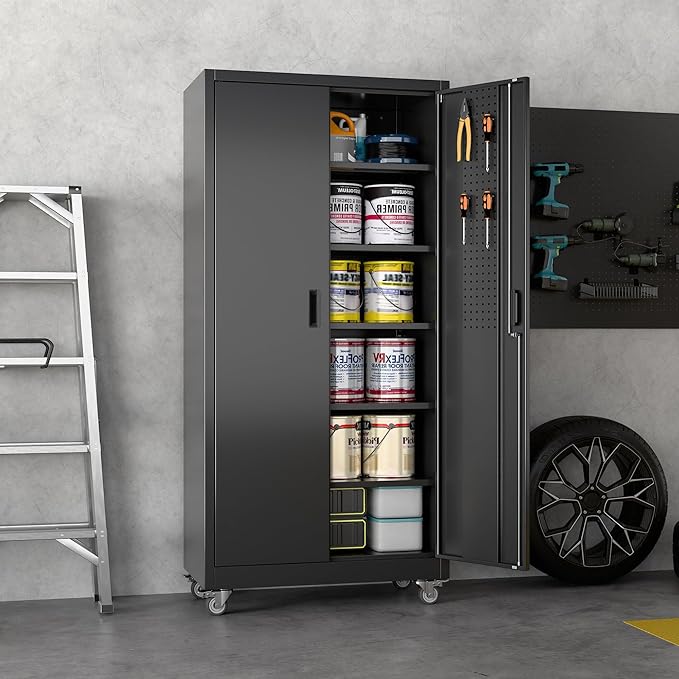 Aobabo Upgrade 71H''*34''W*18''D Metal Garage Storage Cabinet with Wheels and Pegboards, 5 Adjustable Shelves Steel Storage Cabinets for Home,Warehouse,Garage,Black,Assembly Required