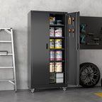 SUXXAN Metal Garage Storage Cabinet with Wheels and Pegboard 71'' x 34'' x 18'', Lockable Rolling Steel Cabinet with 5 Adjustable Shelves and Door for Garage, Office, Kitchen, Assembly Required(Black)
