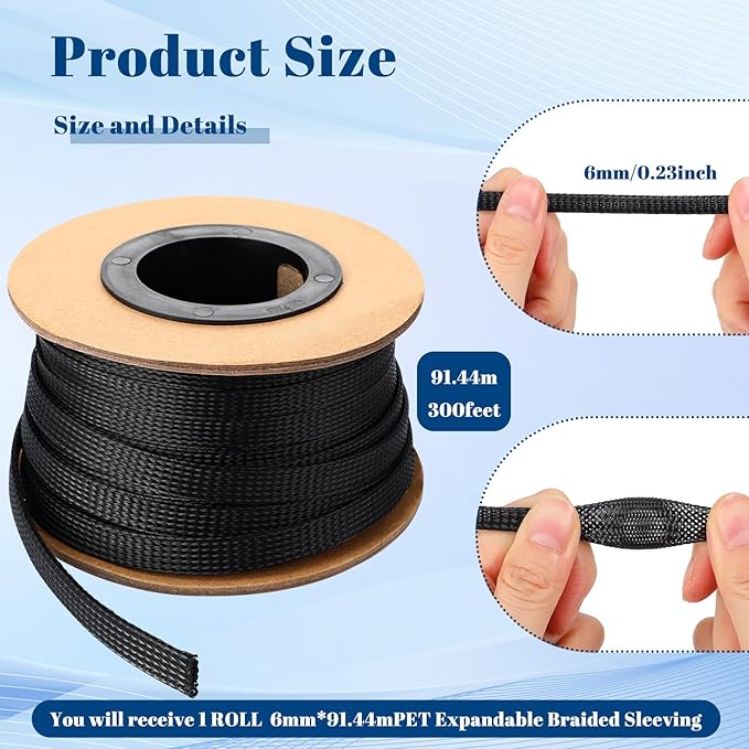 Pangda 300 Feet 1/4 Inch Wire Loom PET Expandable Braided Sleeving Braided Sleeve for TV, Computer, Home Theater (Black)