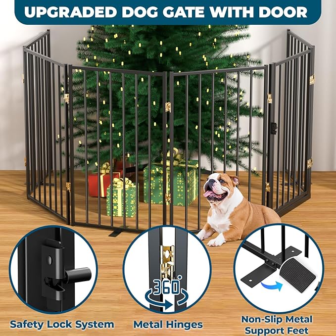 Metal Freestanding Dog Gate Outdoor-6 Panels with Door, Extra Wide Foldable Pet Fence with Pet Monitor Adapter, 32'' Height Tall Dog Gate for Doorways, Stairs, Hallways, Yard, Indoor