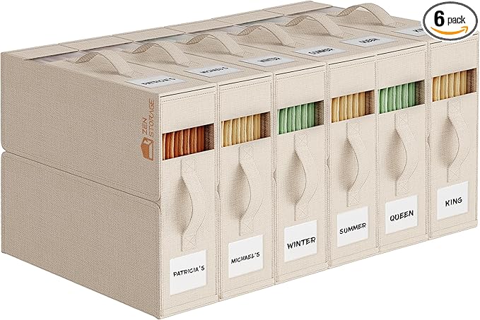 6Pack Sheet Organizers and Storage - King/Queen Size Sheet Storage Organizer with Window, Foldable & Dustproof Sheet Organizer for Linen Closet for Summer Blankets & Sheet Sets,Beige