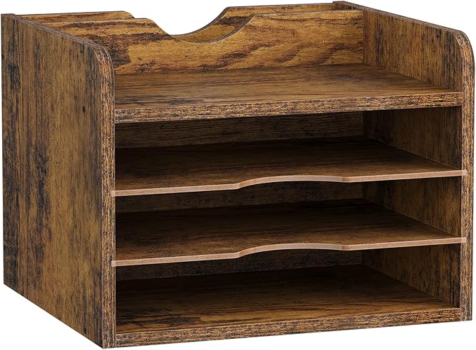 Snughome Vintage Wood File Organizer Desktop, 13.7‘’ Document Letter Mail Tray Sorter with 3 Adjustable Shelves, Wooden Desktop Paper File Sorter Holder for School Home Office Supplies (Rustic Brown)