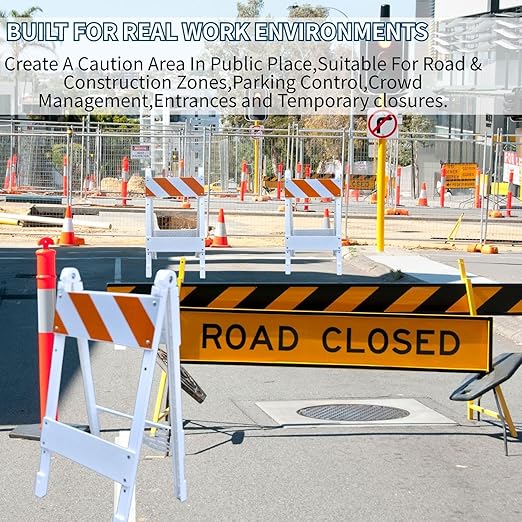 BESEA Folding Traffic Barricade, 45" A-Frame Safety Barrier with 8"x24" Top Panel and 8"x24" Bottom Panel, Heavy-Duty Plastic Construction for Road Work, Parking Lots, Events, and Crowd Control