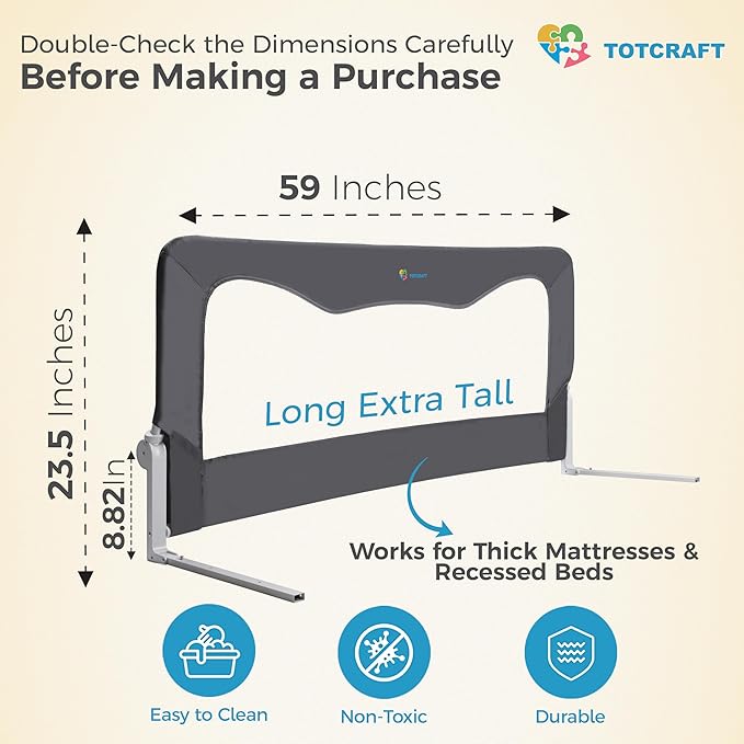 TotCraft Bed Safety Rails for Toddlers - Bed Rail Guard for Queen, King, Full Szie, Twin Mattress Bed (Grey, 59Wx23.5H Inch (Long Extra Tall))